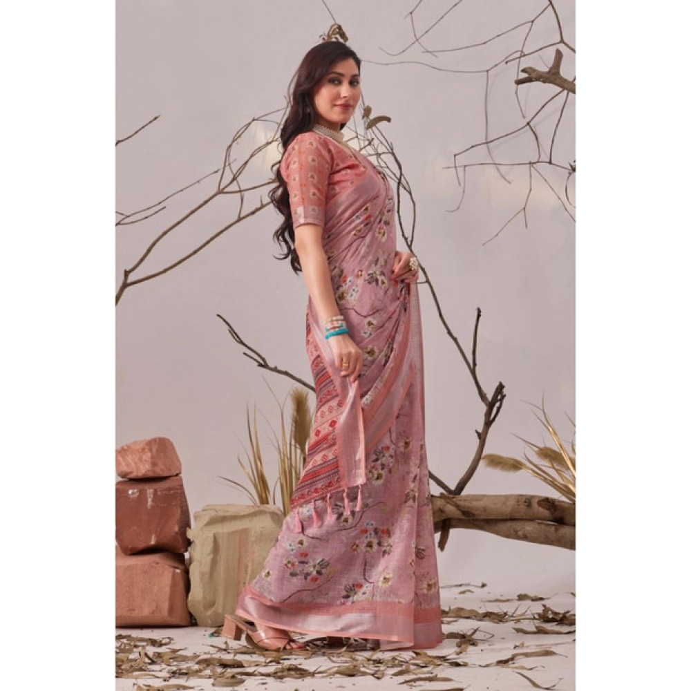 Generic Women's Faux_Linen Printed Saree With Unstitched Blouse 5.5Mtr (Mauve)