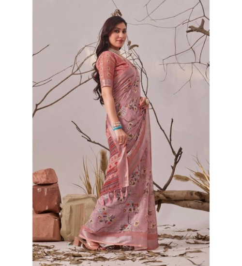 Generic Women's Faux_Linen Printed Saree With Unstitched Blouse 5.5Mtr (Mauve)