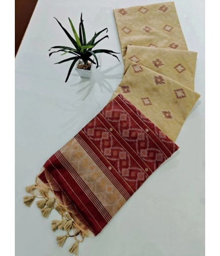 Generic Women's Raw Silk Ikkat Saree With Unstitched Blouse 5.5Mtr (Beige)