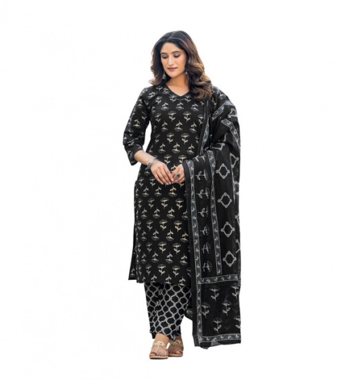 Generic Women's Cotton Blend Printed Kurti With Pant Dupatta Set (Black)