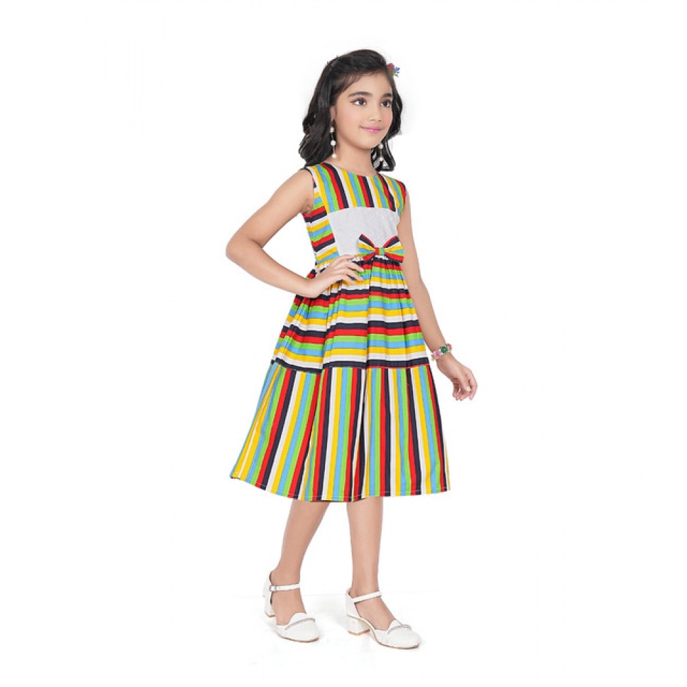 Generic Girl's Pure Cotton Striped Sleeve Less Round Neck Dress (Multicolor)
