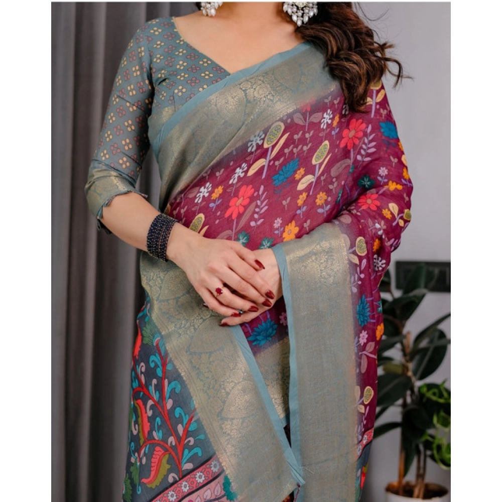 Generic Women's Linen Printed Saree With Unstitched Blouse 5.5Mtr (Purple) Generic Women's Linen Printed Saree With Unstitched Blouse 5.5Mtr (Purple)