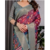 Generic Women's Linen  Printed Saree With Unstitched Blouse 5.5Mtr (Purple)