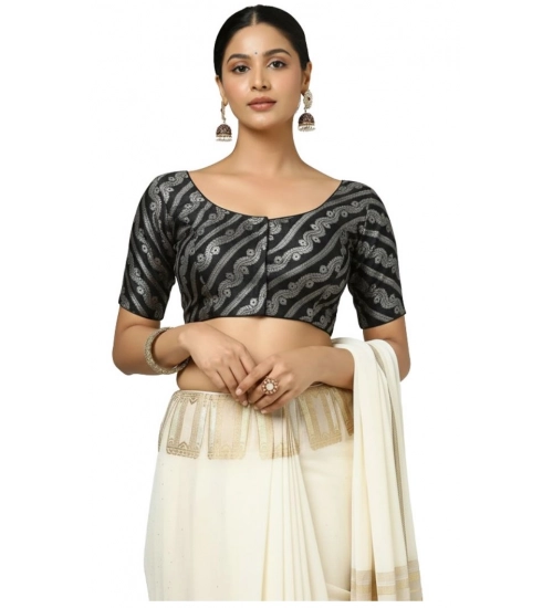 Generic Women's Jacquard Zari Round Neck Padded Blouse (Black 38 Ready (Self Alterable 36–40)