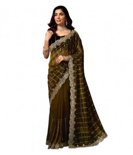 Generic Women's Net Sequence Saree With Unstitched Blouse 5.5Mtr (Olive)