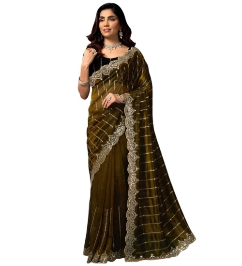Generic Women's Net Sequence Saree With Unstitched Blouse 5.5Mtr (Olive)
