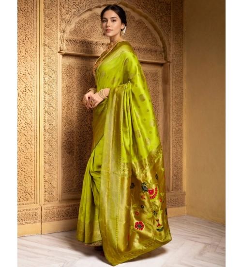 Generic Women's Silk Blend Paithani Saree With Unstitched Blouse 5.5Mtr (Lime Green)