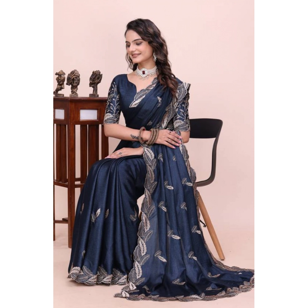 Generic Women's Georgette Embroidered Saree With Unstitched Blouse 5.5Mtr�(Navy Blue)