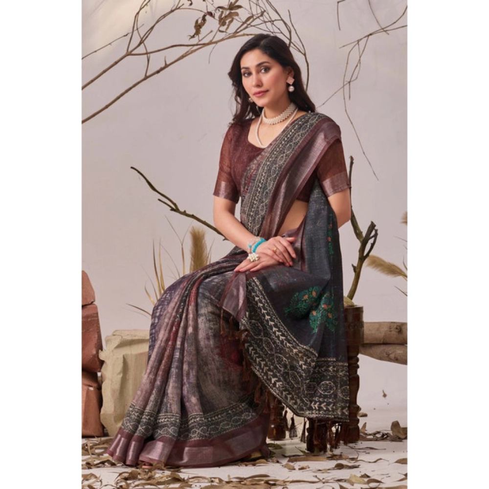 Generic Women's Faux_Linen Printed Saree With Unstitched Blouse 5.5Mtr (Brown)
