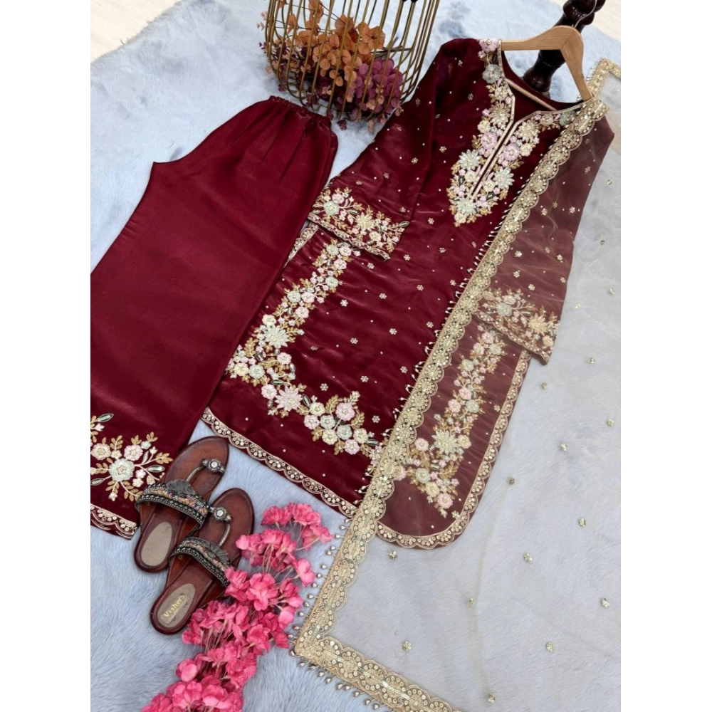 Generic Women's Silk Embroidered 3/4th Sleeve Round Kurti With Palazzo Pant and Dupatta Set (Maroon) Generic Women's Silk Embroidered 3/4th Sleeve Round Kurti With Palazzo Pant and Dupatta Set (Maroon)