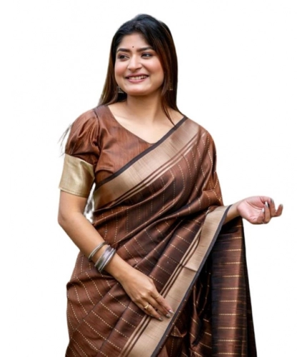 Generic Women's Faux_Banarasi Lining Pattern Saree With Unstitched Blouse 5.5Mtr (Light_Brown)