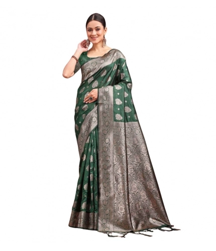 Generic Women's Banarasi Silk Printed Saree With Unstitched Blouse 5.5Mtr (Dark Green)