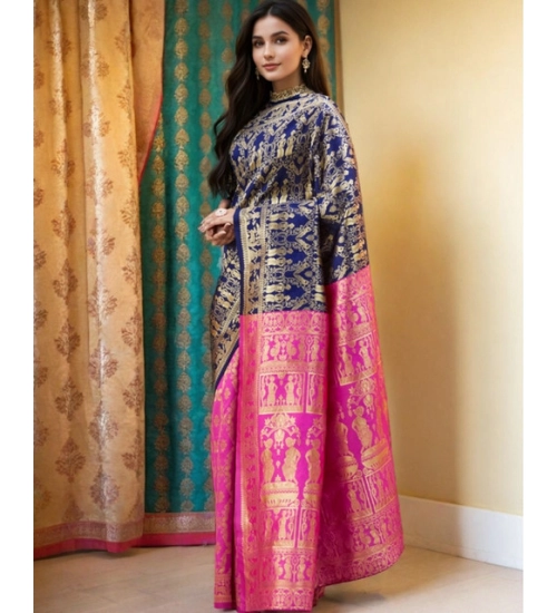 Generic Women's Silk Blend Zari Weaving Saree With Unstitched Blouse 5.5Mtr (Navy)