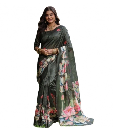 Generic Women's Faux_Tussar Floral Saree With Unstitched Blouse 5.5Mtr (Olive)