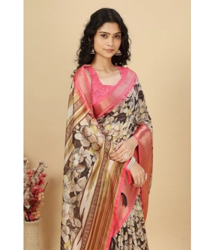 Generic Women's Cotton Silk Floral Printed Saree With Unstitched Blouse 5.5Mtr (Black)