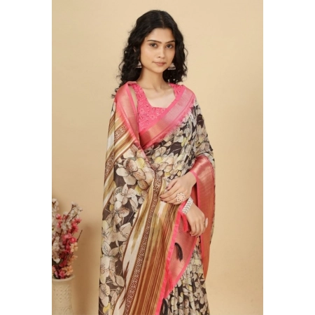 Generic Women's Cotton Silk Floral Printed Saree With Unstitched Blouse 5.5Mtr (Black)