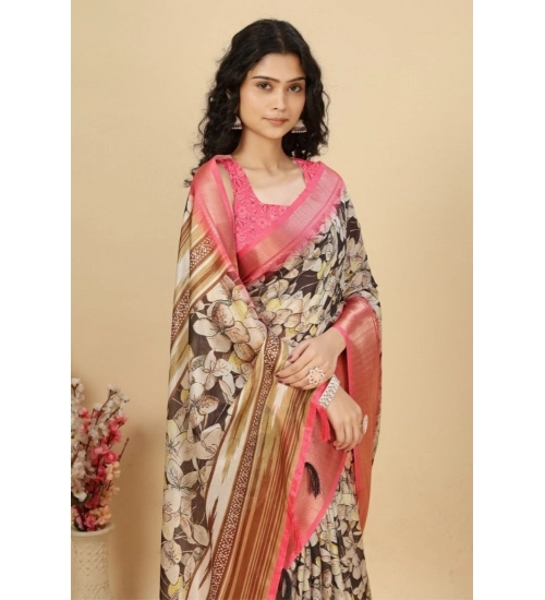 Generic Women's Cotton Silk Floral Printed Saree With Unstitched Blouse 5.5Mtr (Black)