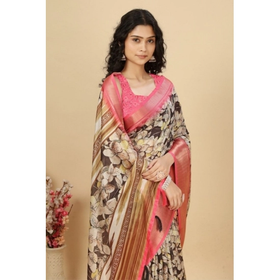 Generic Women's Cotton Silk Floral Printed Saree With Unstitched Blouse 5.5Mtr (Black)
