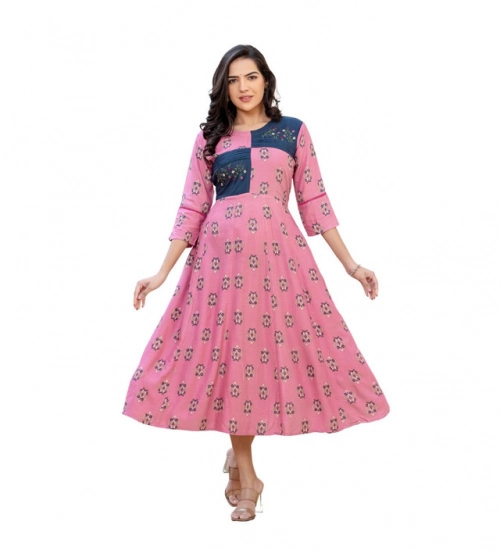 Generic Women's Rayon  Print With Embroidery Work A-Line Kurti (Wine)