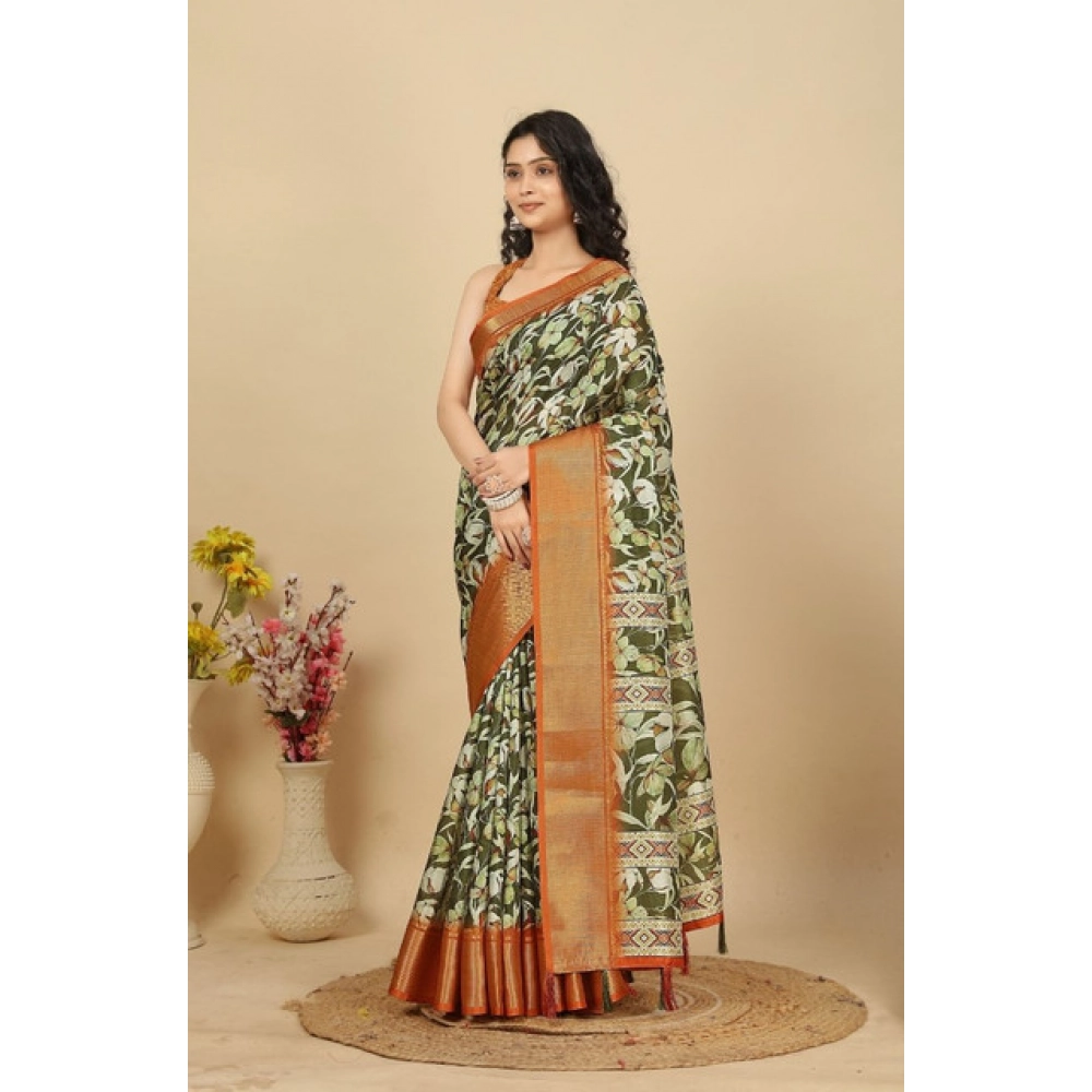 Generic Women's Cotton Silk Floral Printed Saree With Unstitched Blouse 5.5Mtr (Multicolor)
