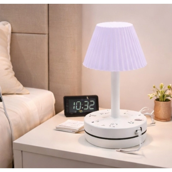 Generic Plastic-LED Ribbed Shade Table Lamp with USB Charging Base (White) Generic Plastic-LED Ribbed Shade Table Lamp with USB Charging Base (White)