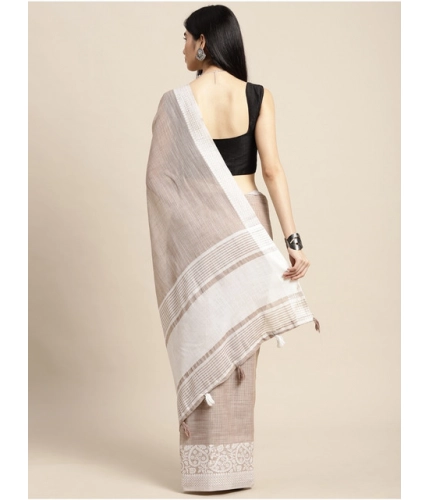 Generic Women's Linen Printed Saree With Unstitched Blouse 5.5Mtr (Beige)