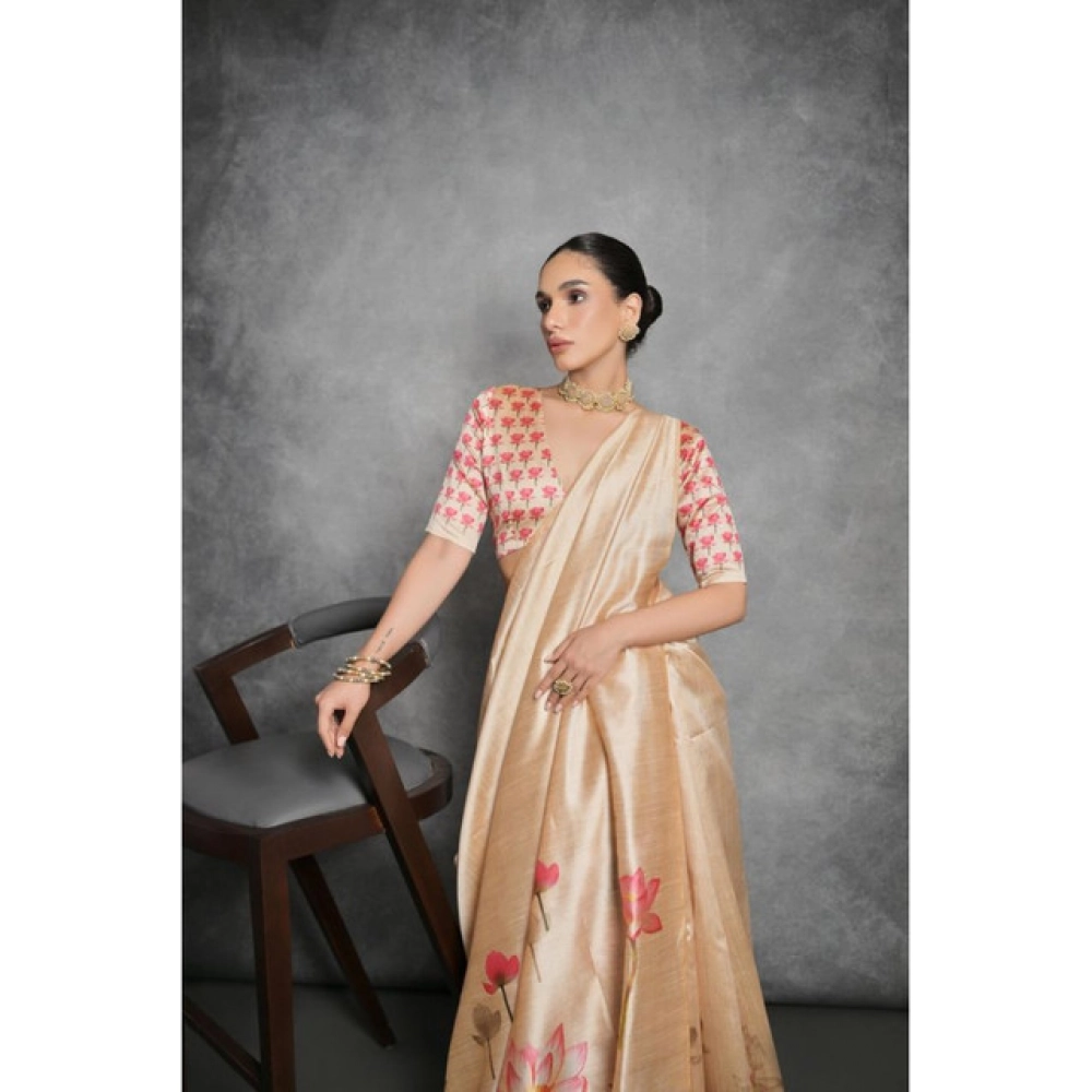 Generic Women's Cotton Printed Saree With Unstitched Blouse 5.5 Mtr (Beige)