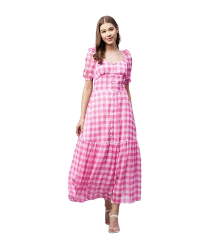 Generic Women's Polyester Georgette Checkered Half Sleeve Dress (Pink)