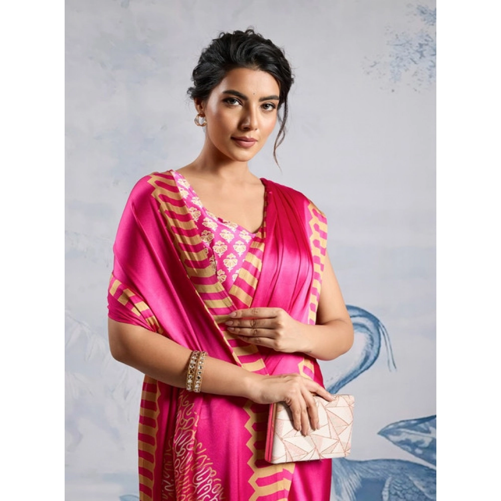 Generic Women's Satin Crepe Printed Saree With Unstitched Blouse 5.5Mtr (Pink)