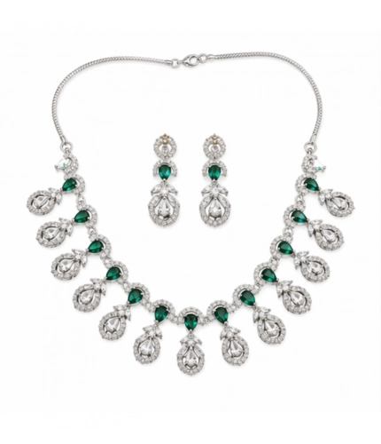 Generic Women's Brass Silver Plated Necklace set (Green)