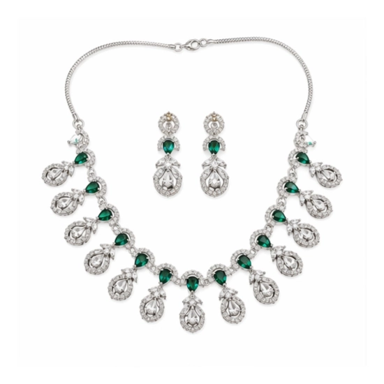 Generic Women's Brass Silver Plated Necklace set (Green) Generic Women's Brass Silver Plated Necklace set (Green)