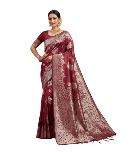 Generic Women's Silk Blend Printed Saree With Unstitched Blouse 5.5Mtr (Maroon)