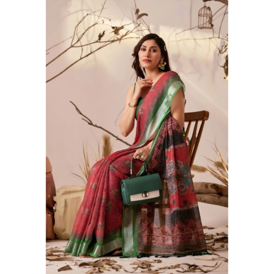 Generic Women's Faux_Linen Printed Saree With Unstitched Blouse 5.5Mtr (Maroon)