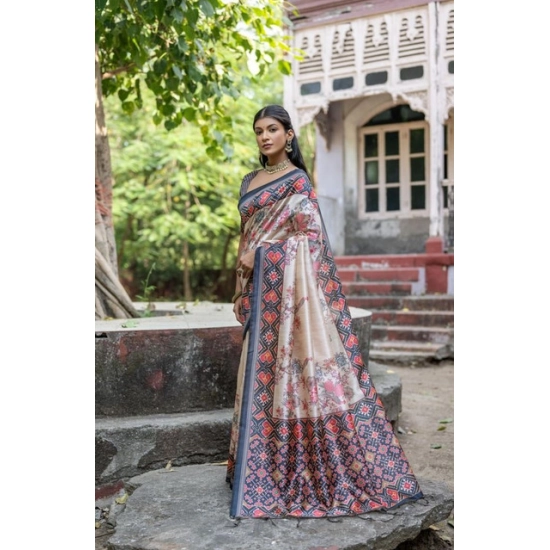Generic Women's Faux_Tussar Floral Jal With Patola Print Saree With Unstitched Blouse 5.5Mtr (Black) Generic Women's Faux_Tussar Floral Jal With Patola Print Saree With Unstitched Blouse 5.5Mtr (Black)