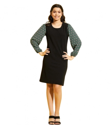 Generic Girl's Polyester Lycra Printed Sleeveless Dress (Green-Black)
