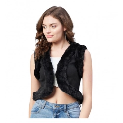 Generic Women's Denim And Fur Solid Sleeveless Shrug (Black)