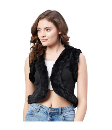 Generic Women's Denim And Fur Solid Sleeveless Shrug (Black)