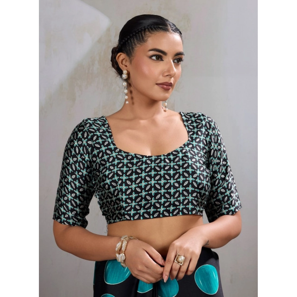 Women's Satin Crepe Printed Saree With Unstitched Blouse 5.5Mtr (Black)