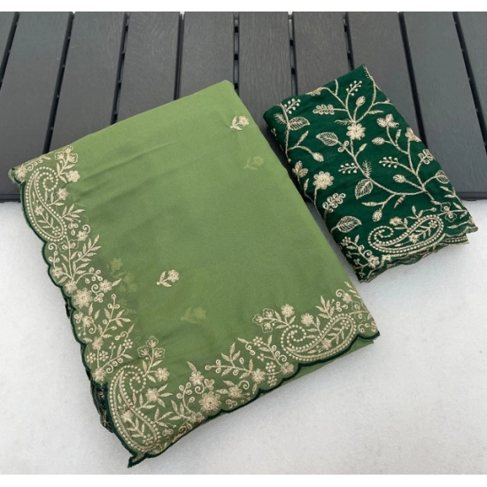Generic Women's Star Georgette Embroidered Saree With Unstitched Blouse 5.5Mtr (Green)