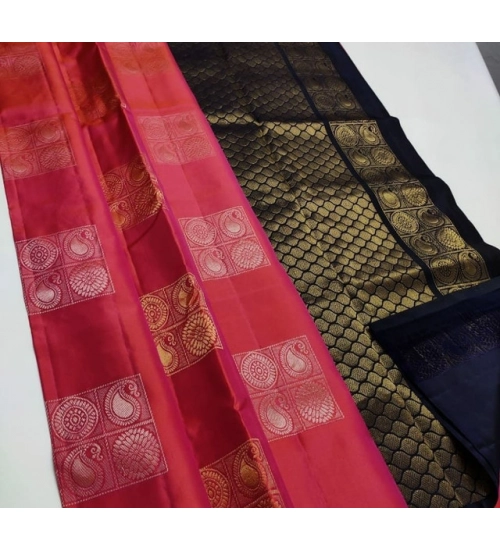 Generic Women's Litchi silk Printed Saree With Unstitched Blouse (Red)