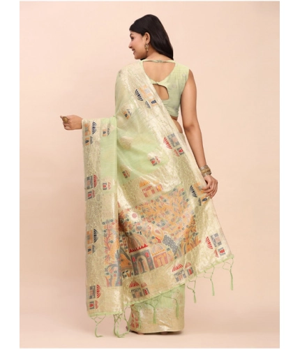 Generic Women's Linen Cotton Printed Saree With Unstitched Blouse 5.5Mtr (Light Green)
