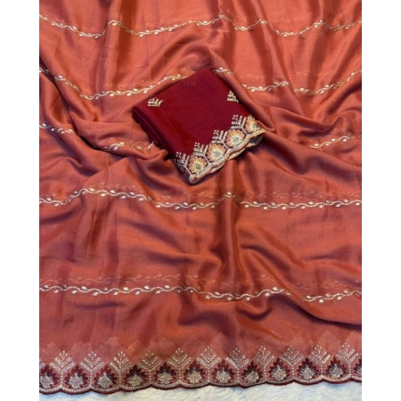 Generic Women's Georgette Embroidered Saree With Unstitched Blouse 5.5Mtr (Rust Orange)