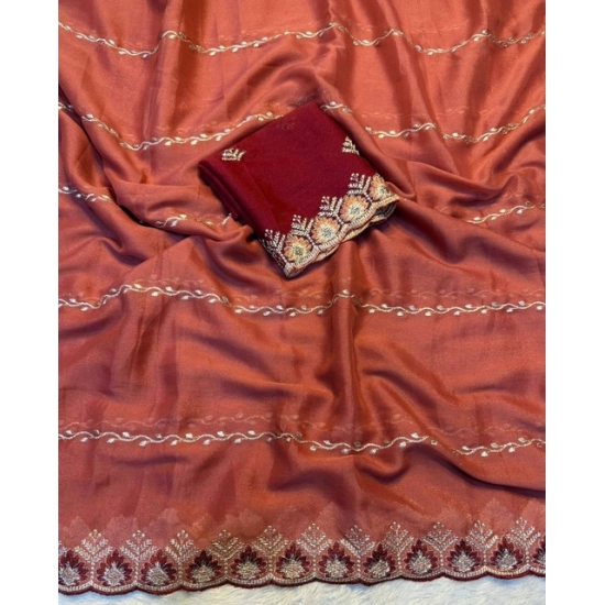 Generic Women's Georgette Embroidered Saree With Unstitched Blouse 5.5Mtr (Rust Orange)