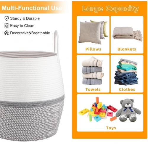 Generic Cotton Matka With Handle 14x12 Inch Storage Basket For Clothes With Out Lid (Gray-White)