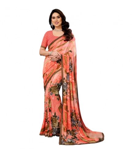 Generic Women's Georgette Printed Saree With Unstitched Blouse 5.5Mtr (Orange)