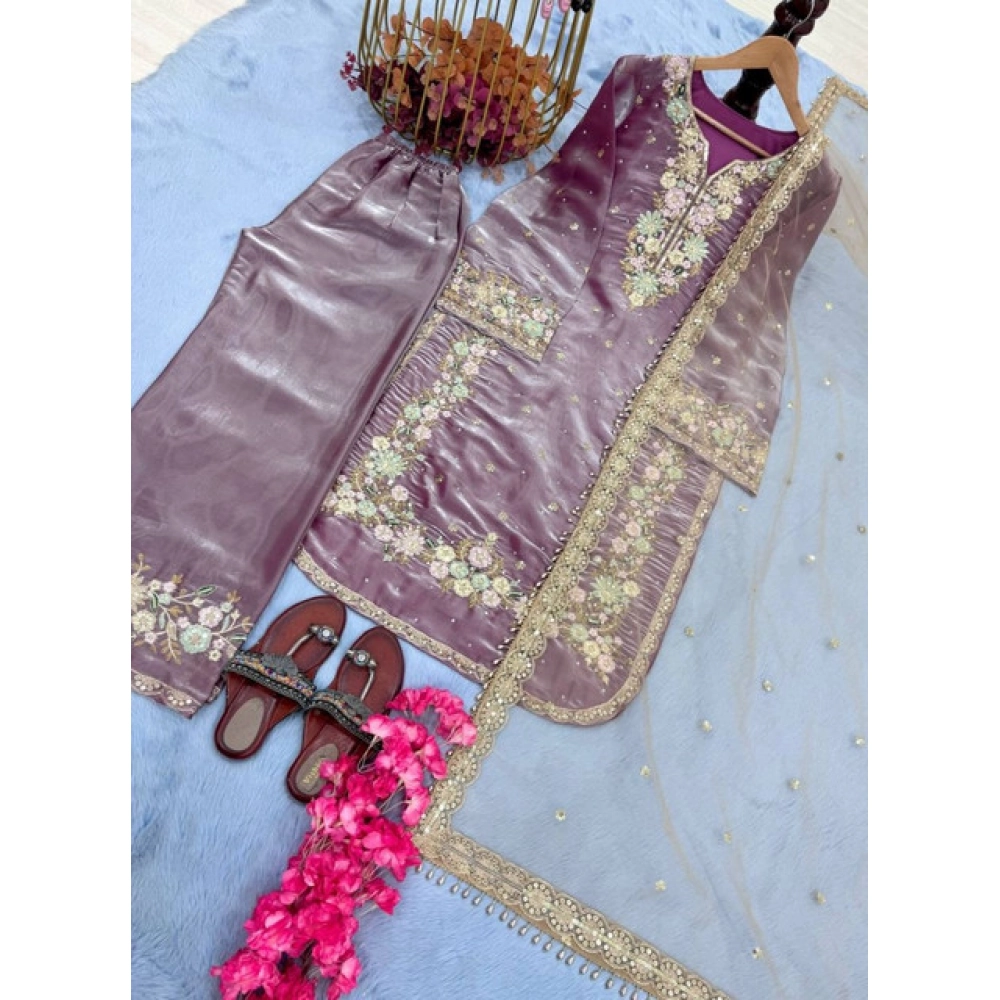 Generic Women's Silk Embroidered 3/4th Sleeve Round Kurti With Palazzo Pant and Dupatta Set (Lavender) Generic Women's Silk Embroidered 3/4th Sleeve Round Kurti With Palazzo Pant and Dupatta Set (Lavender)