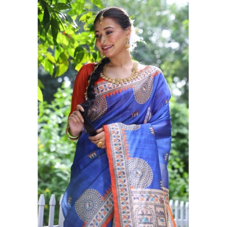 Generic Women's Faux_Tussar_Silk Printed Saree With Unstitched Blouse 5.5Mtr (Navy_Blue)