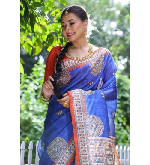 Generic Women's Faux_Tussar_Silk Printed Saree With Unstitched Blouse 5.5Mtr (Navy_Blue) Generic Women's Faux_Tussar_Silk Printed Saree With Unstitched Blouse 5.5Mtr (Navy_Blue)