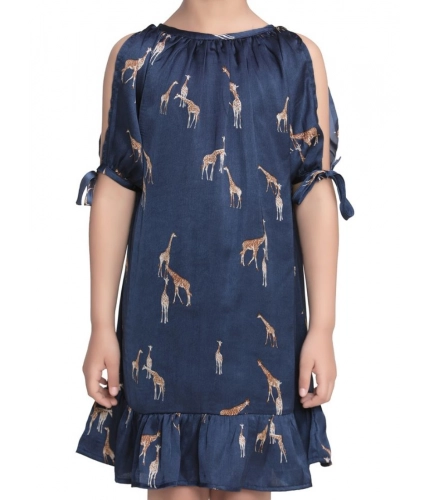 Generic Girl's Satin Animal Print Sleeveless Dress (Blue)