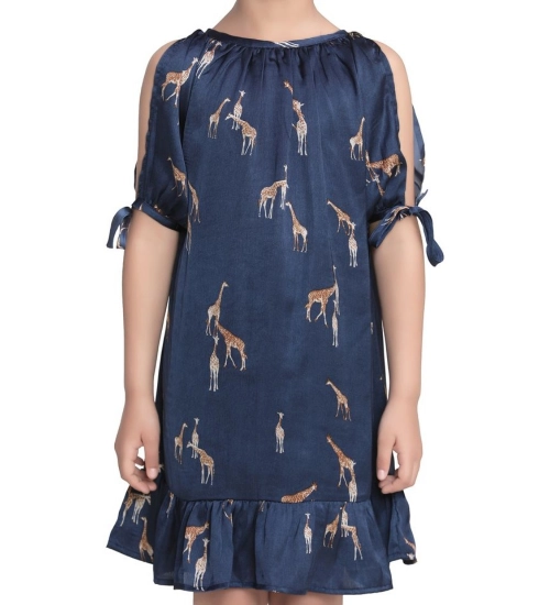 Generic Girl's Satin Animal Print Sleeveless Dress (Blue)